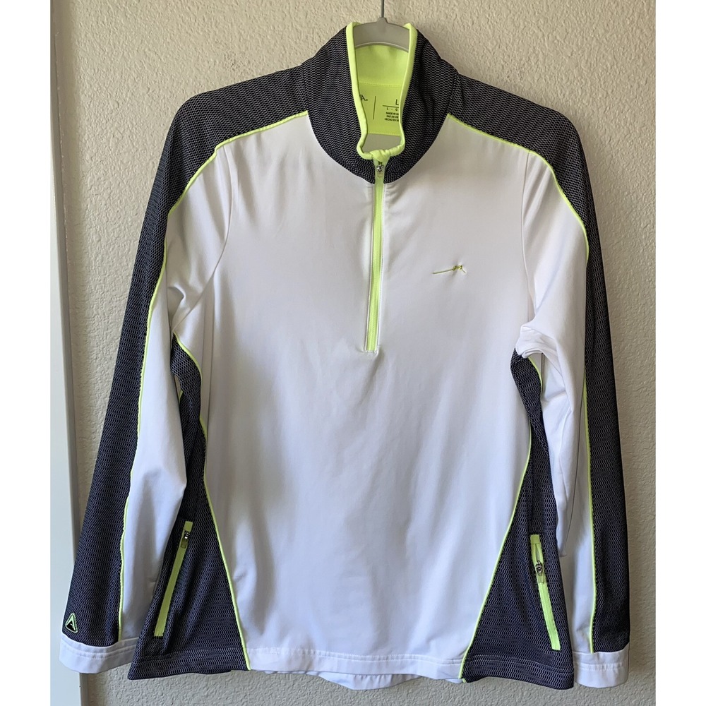 Antigua 1/4 Pullover Shirt Large Desert Dry White Black Neon Green L/S Golf